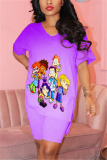 Purple Fashion Cartoon Printed T-shirt Shorts Set