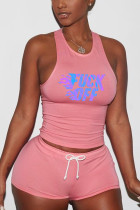 Pink Fashion Casual Printed Sleeveless Vest Shorts Set