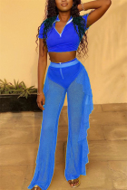 Blue Fashion Sexy Ruffled Mesh Three-piece Set