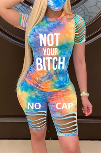 Blue Fashion Letter Print T-shirt Shorts Casual Set