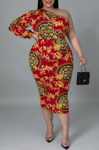 Red Fashion Sexy Print Hollowed Out Backless Oblique Collar Long Sleeve Plus Size Dresses