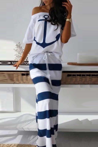 White Fashion Casual Two Piece Suits Patchwork Striped Print Straight Short Sleeve Two-Piece Dr