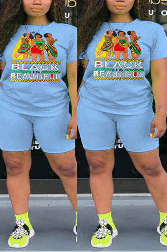 Blue Fashion Casual Printed Short Sleeve Plus Size Set