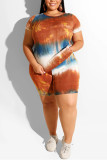 Orange Fashion Casual Printed Plus Size Shorts Two-piece Set