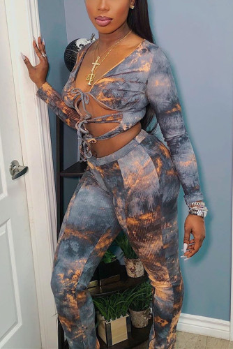 Multicolor Sexy Printed Long Sleeve Top Trousers Set