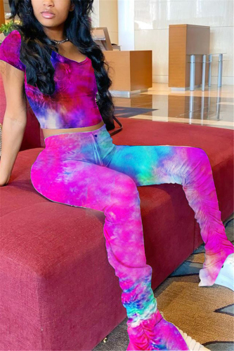 Rose Red Fashion Casual Tie-dye Printed Two-piece Set