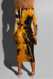 Yellow Tie-Dye Printed V Neck Tight Fitting Hip Sexy Dress