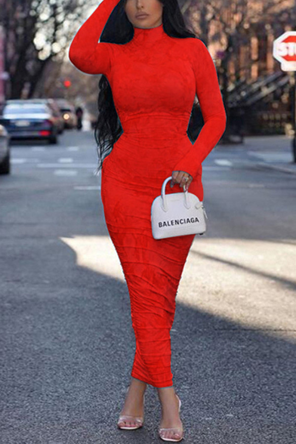 Red Fashion Sexy Print Turtleneck Dress