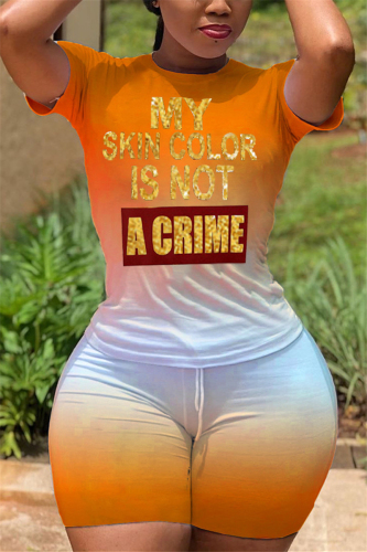 Orange Fashion Casual Printed T-shirt Shorts Set