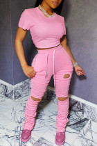 Pink Fashion Casual Short Sleeve T-shirt Trousers Set