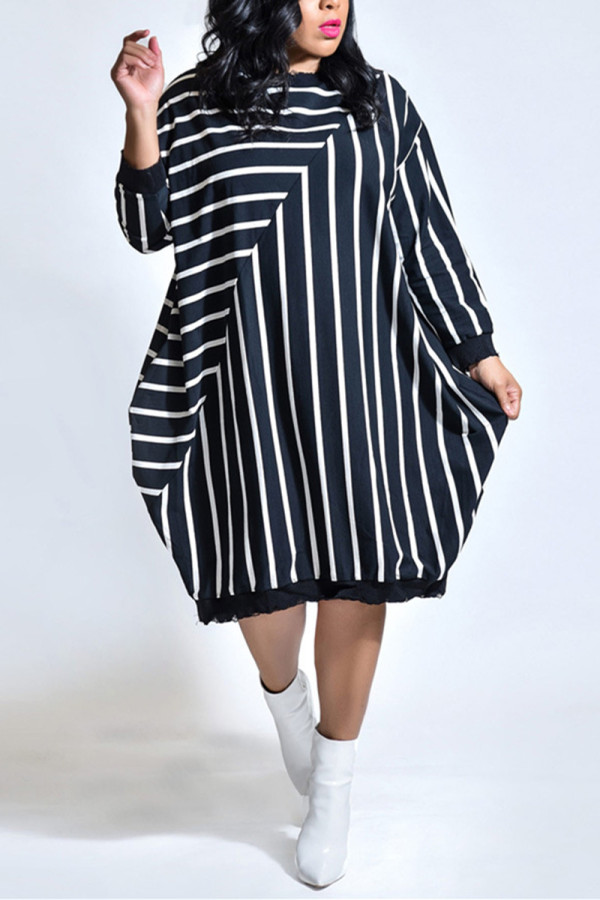 Black Fashion Casual Striped Loose Long Sleeve Dress
