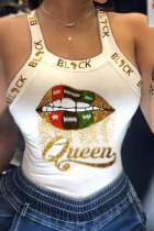 White Casual Street Print Patchwork U Neck Tops