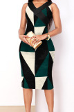 Ink Green Casual Geometric Print Patchwork V Neck One Step Skirt Dresses