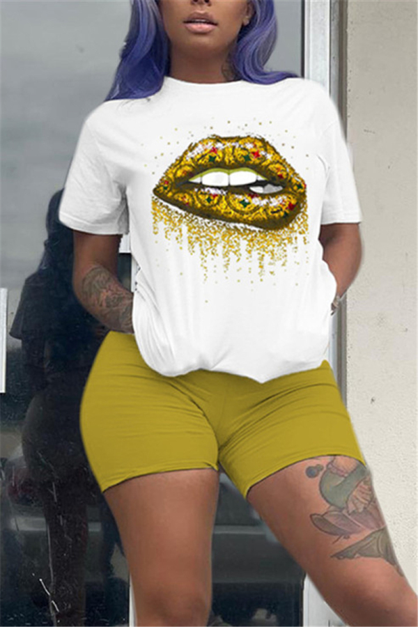 Yellow Fashion Casual Printed T-shirt Shorts Set