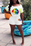 White Casual Rainbow Lips Printed Short Sleeve Tops Shorts Two Piece Set