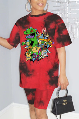 Red Fashion Casual Printed Short-sleeved T-shirt Set