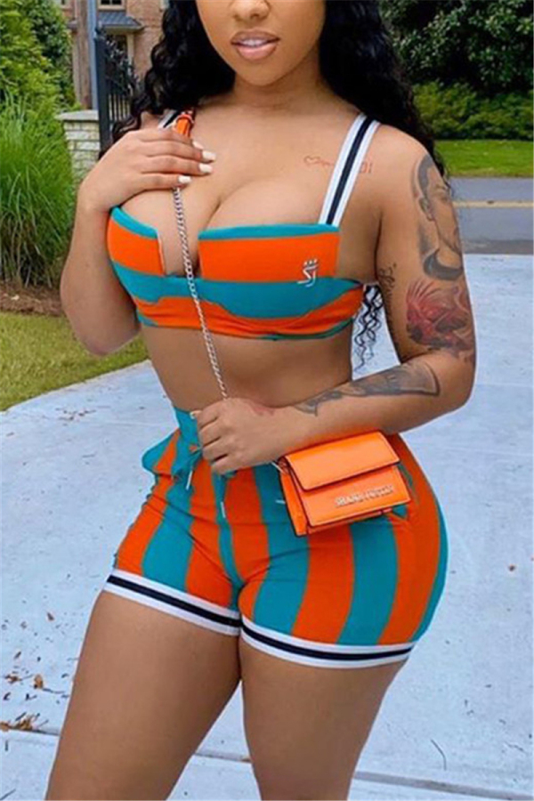 Orange Sexy Striped Print Sling Top Shorts Set