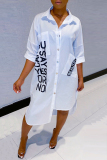 White Casual Letter Printed Loose Shirt Dress