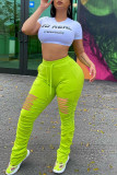 Fluorescent green Fashion Sexy Broken Hole Slim Trousers