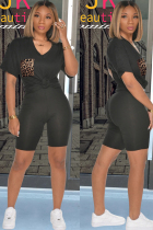 Black Sexy Fashion Ma'am adult Leopard Two Piece Suits Patchwork Straight Short Sleeve Two-Piec
