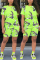 Fluorescent green Fashion Rabbit Print T-shirt Shorts Set