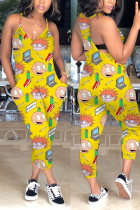Yellow Fashion Cartoon Printed Sling Jumpsuit