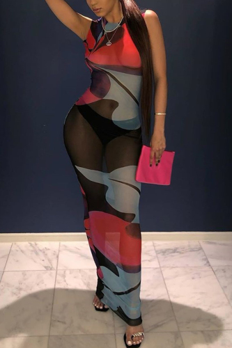 Red Sexy Perspective Mesh Print Sleeveless Dress
