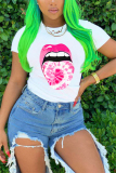 Green Fashion Lips Print Short Sleeve T-shirt