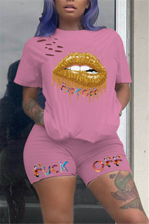 Pink Fashion Casual Lips Printed T-shirt Set