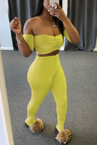 Yellow Fashion Sexy Strapless Top Trousers Set