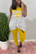 Yellow Fashion Casual Striped Letters Printing Sleeveless Set