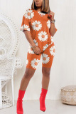Orange Casual Printed T-shirt Shorts Sports Set