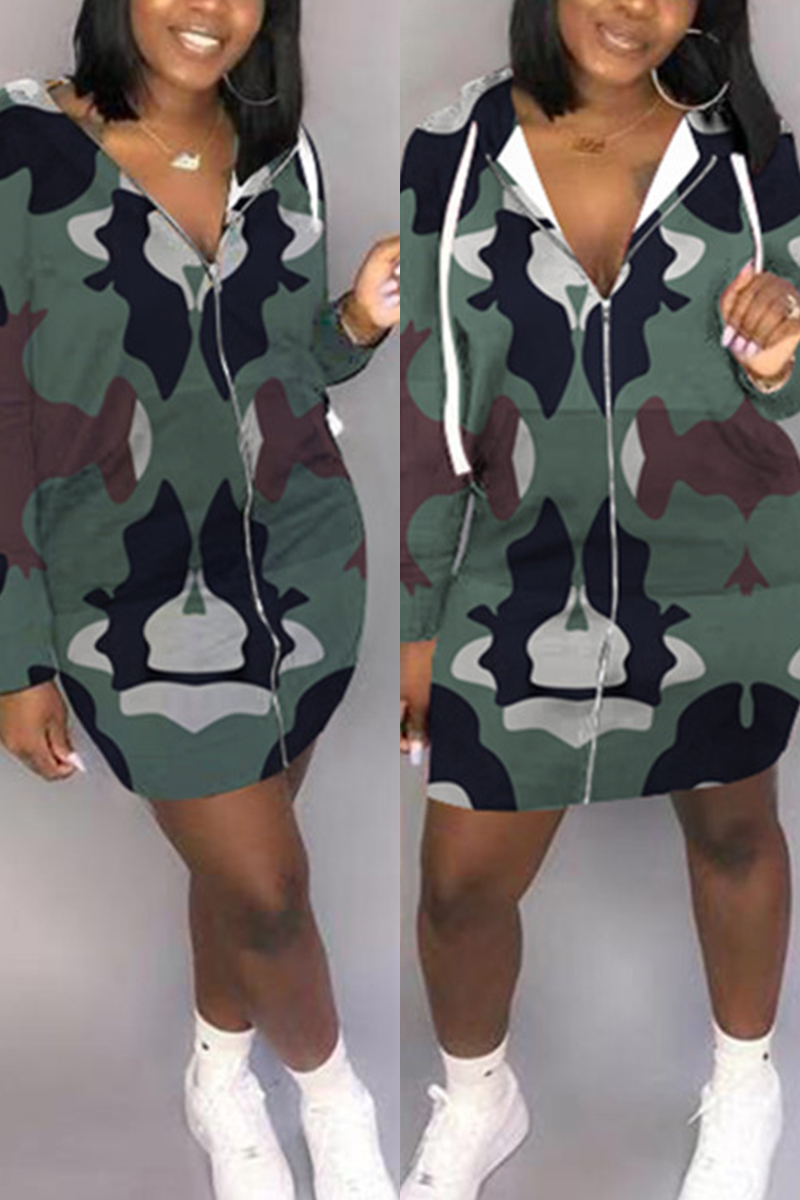 

Green Casual Fashion adult Cap Sleeve Long Sleeves O neck Straight Knee-Length Print camouflage