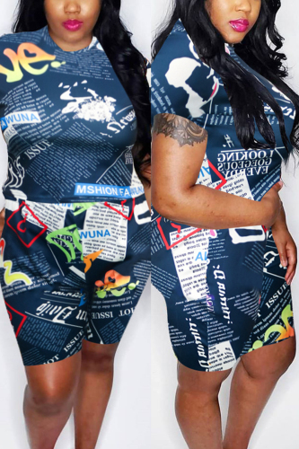 Dark Blue Fashion Casual Printed Short Sleeve Plus Size Set
