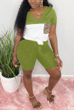 Green Fashion Casual Stitching Short Sleeve Shorts Set