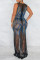 Black Fashion Sexy Patchwork Hot Drilling See-through Slit O Neck Evening Dress Dresses