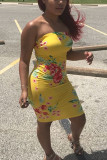 Yellow Sexy Fashion Print Strapless Fitted Dress
