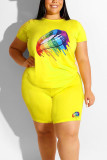 Yellow Rainbow Lips Print Casual Short Sleelve Plus Size Sporty Shorts Matching Sets