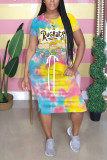 Yellow Rainbow Color Casual Printed Short-sleeved Midi Dress