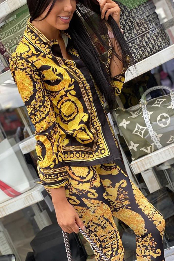 

Gold Fashion adult Casual Two Piece Suits Print Patchwork pencil Long Sleeve Two-piece Pants S