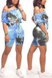 Blue Fashion adult Casual Tie Dye Bandage Print Two Piece Suits Patchwork pencil Half Sleeve