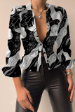 Black White Casual Print Patchwork Buckle Turndown Collar Tops
