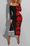 Red Sexy Fashion adult Off The Shoulder Long Sleeves One word collar Step Skirt Mid-Calf Patch