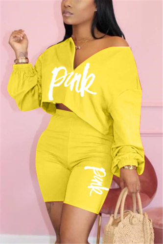 Yellow Fashion Letter Printed Top Pants Casual Set