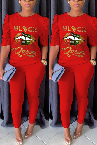 Red Fashion Casual Printed T-shirt Trousers Set