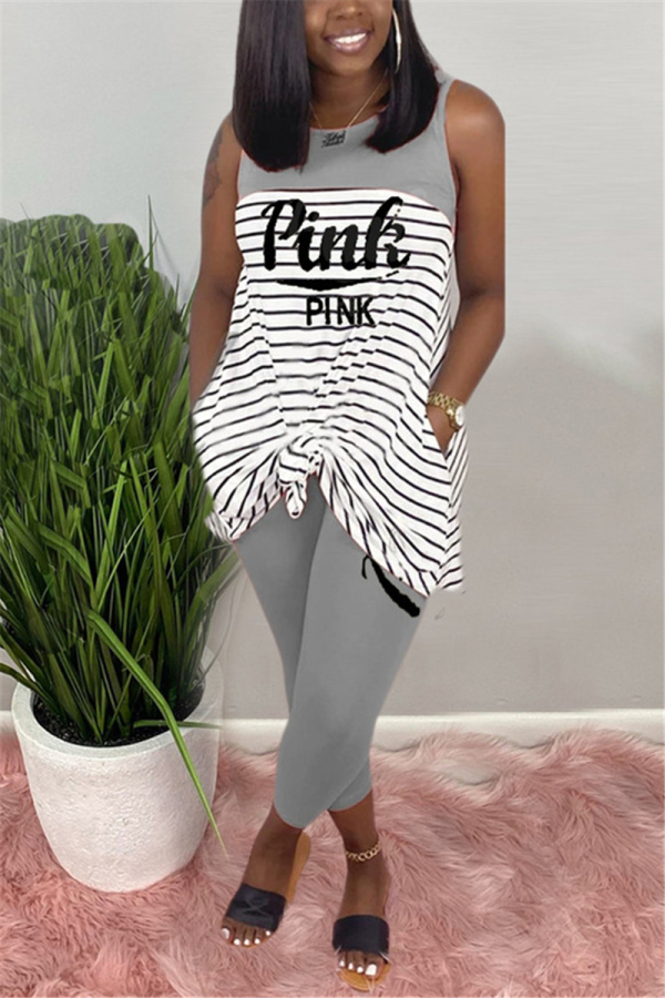 Grey Fashion Casual Striped Letters Printing Sleeveless Set
