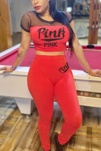 Red Casual Mesh Patchwork Letter Printed Set
