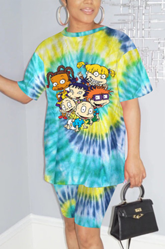 Dark Blue Fashion Casual Printed Short-sleeved T-shirt Set