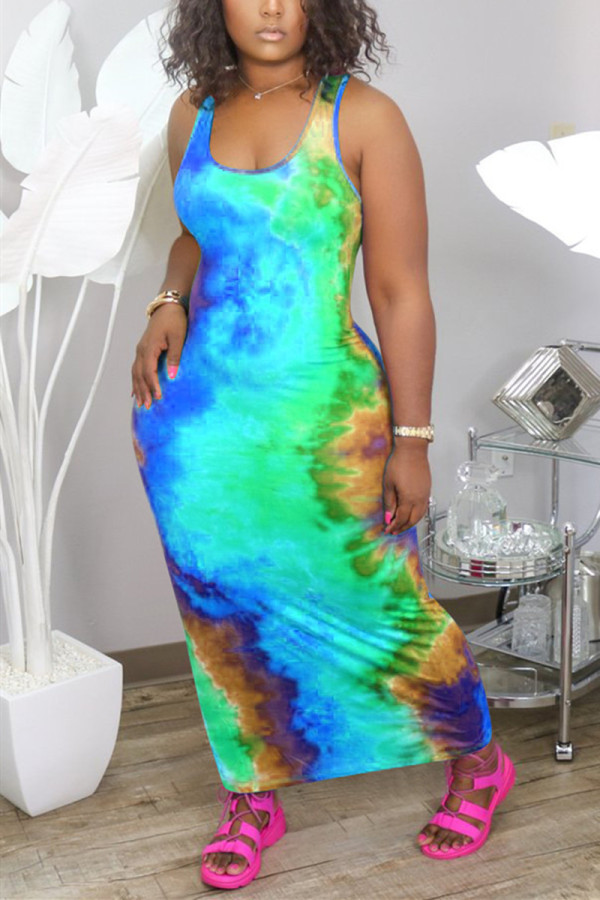 Blue Fashion Sexy Print Plus Size Sleeveless Dress