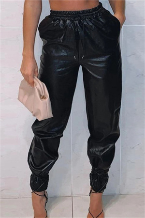 Black Fashion Casual Solid Basic Regular High Waist Conventional Solid Color Bottoms